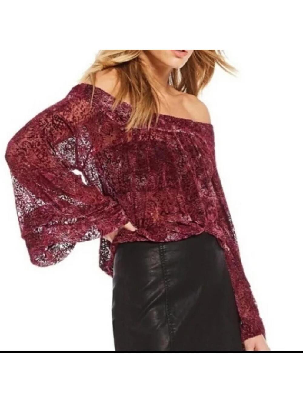 EUC Free People A Little Twist Burgundy ginger berry burnout velvet top size XS